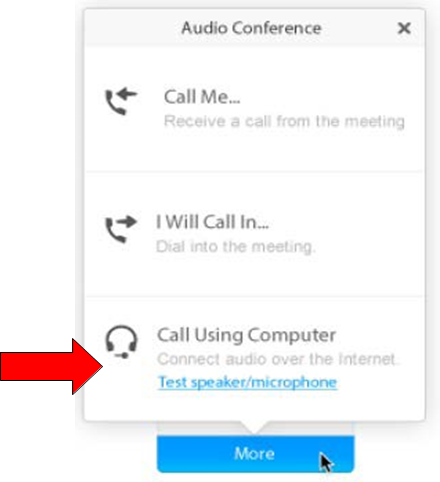 Image showing the Audio Options.  If you have computer speakers choose the Call Using Computer option.  If you do not have speakers choose the Call Me option and enter your phone number.